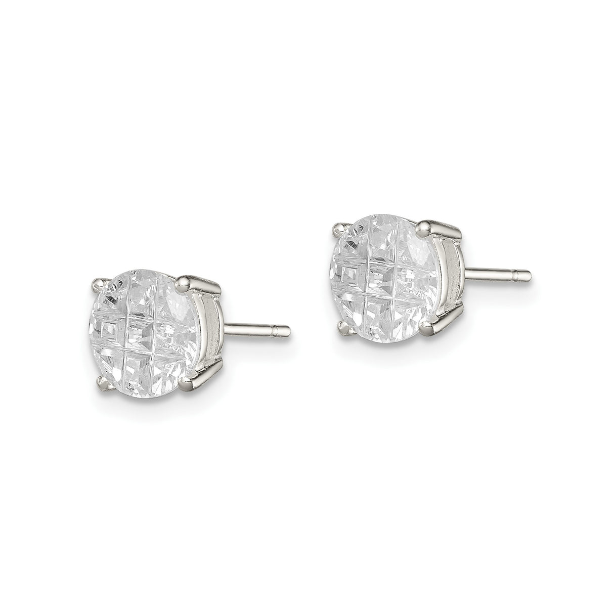 Sterling Silver Stud Earrings with Round Cubic Zirconia in Four Prong Basket Setting