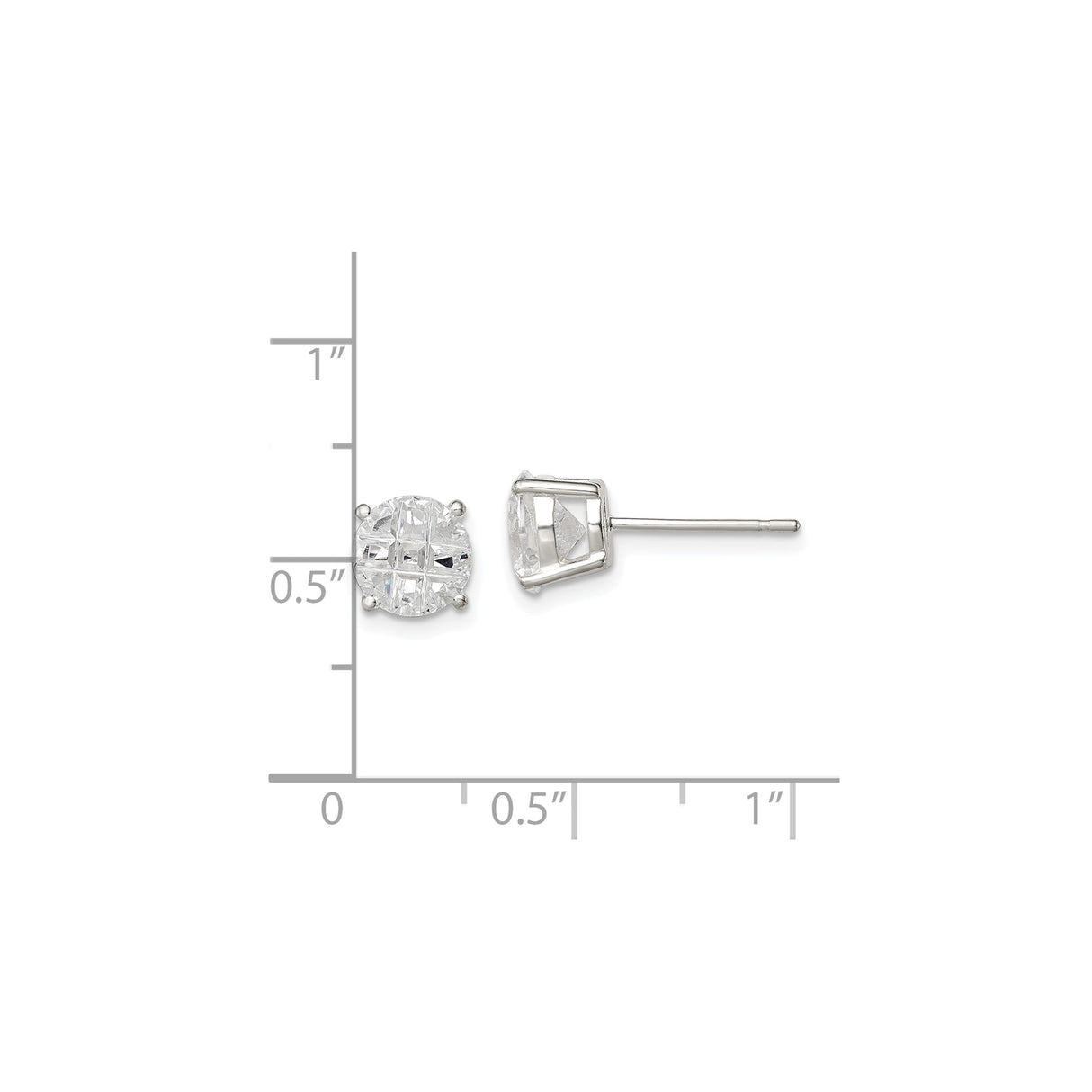 Sterling Silver Stud Earrings with Round Cubic Zirconia in Four Prong Basket Setting