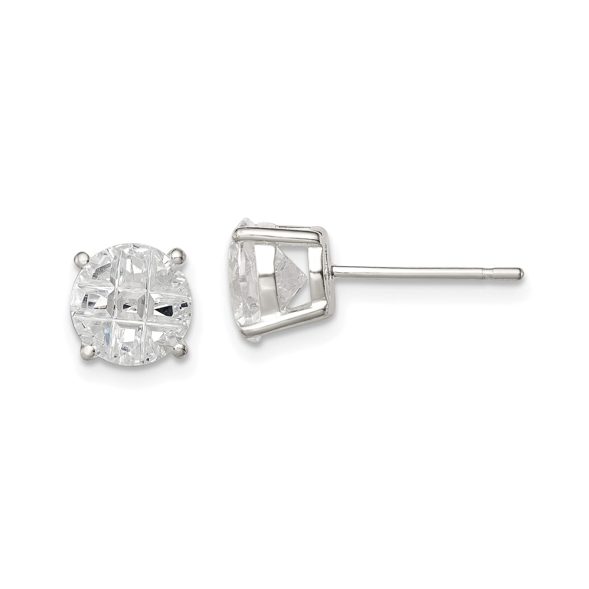 Sterling Silver Stud Earrings with Round Cubic Zirconia in Four Prong Basket Setting