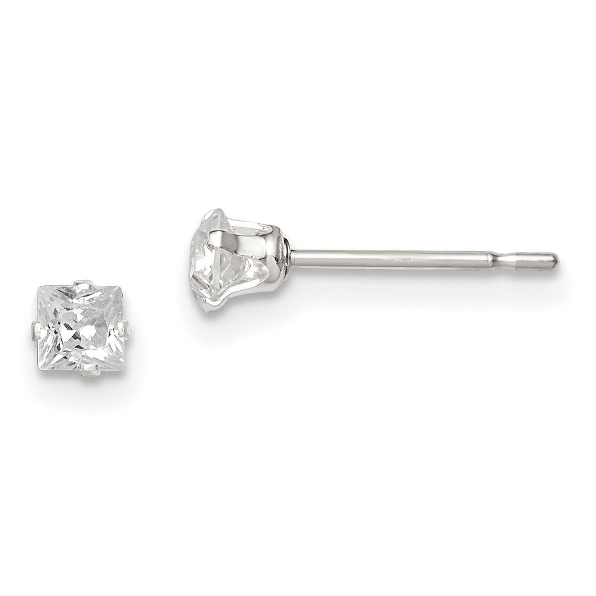 Sterling Silver Stud Earrings with Square Cut Cubic Zirconia, Minimalist Modern Design