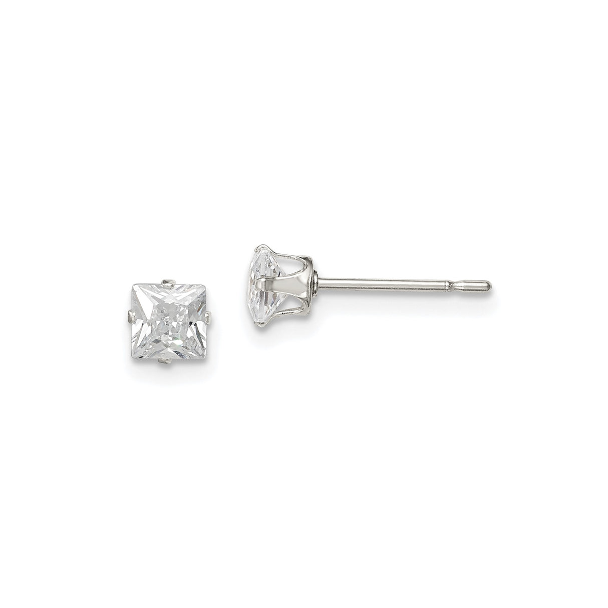 Sterling Silver Stud Earrings with Princess Cut Cubic Zirconia, Minimalist Square Design