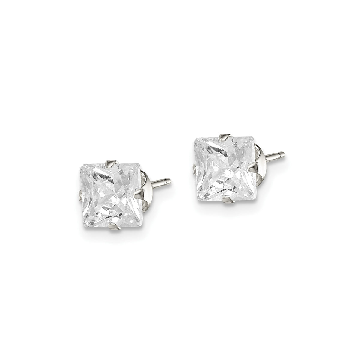 Sterling Silver Stud Earrings with Square Cut Cubic Zirconia, Minimalist Four Prong Setting