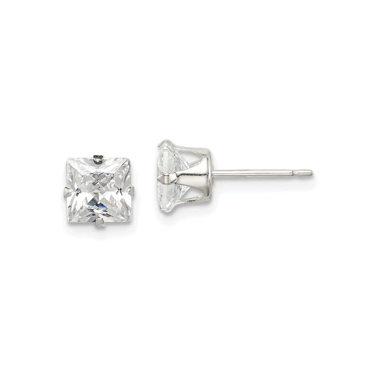 Sterling Silver Stud Earrings with Square Cut Cubic Zirconia, Minimalist Four Prong Setting