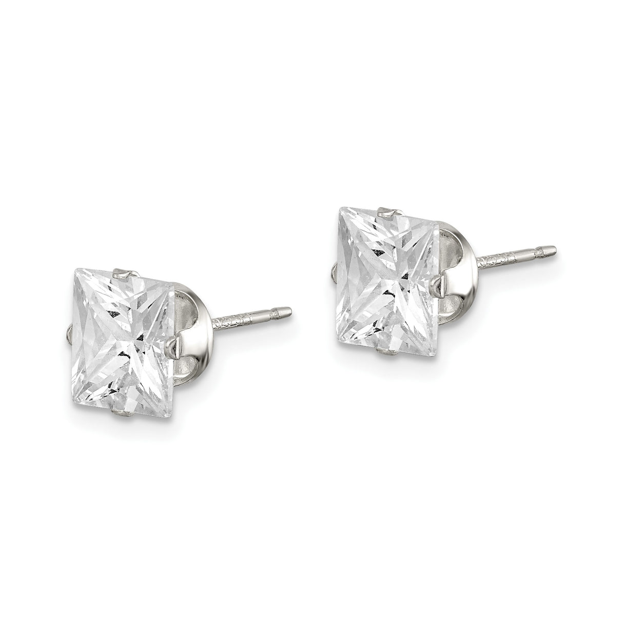 Sterling Silver Stud Earrings with Princess Cut Cubic Zirconia, Minimalist Square Design