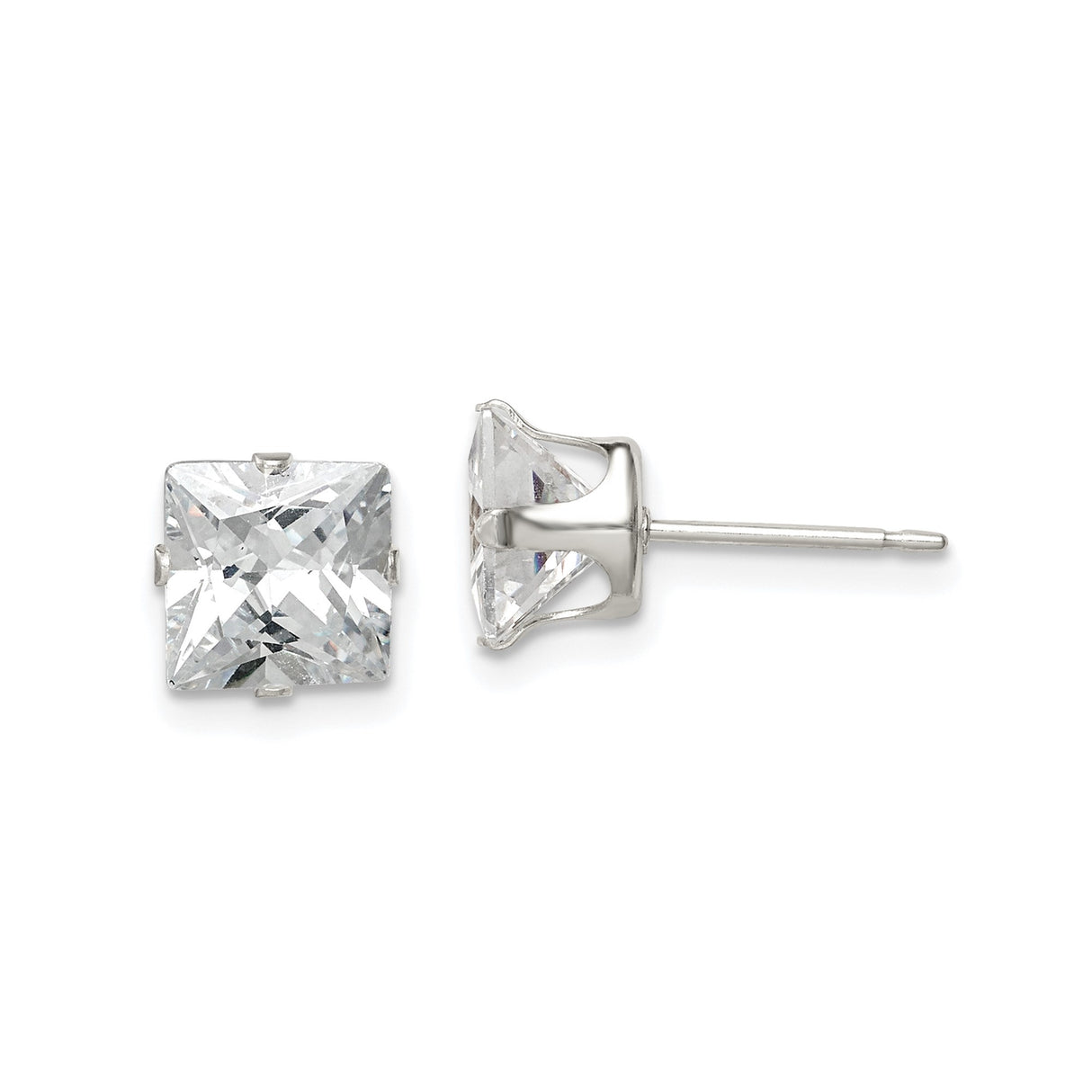 Sterling Silver Stud Earrings with Princess Cut Cubic Zirconia, Minimalist Square Design