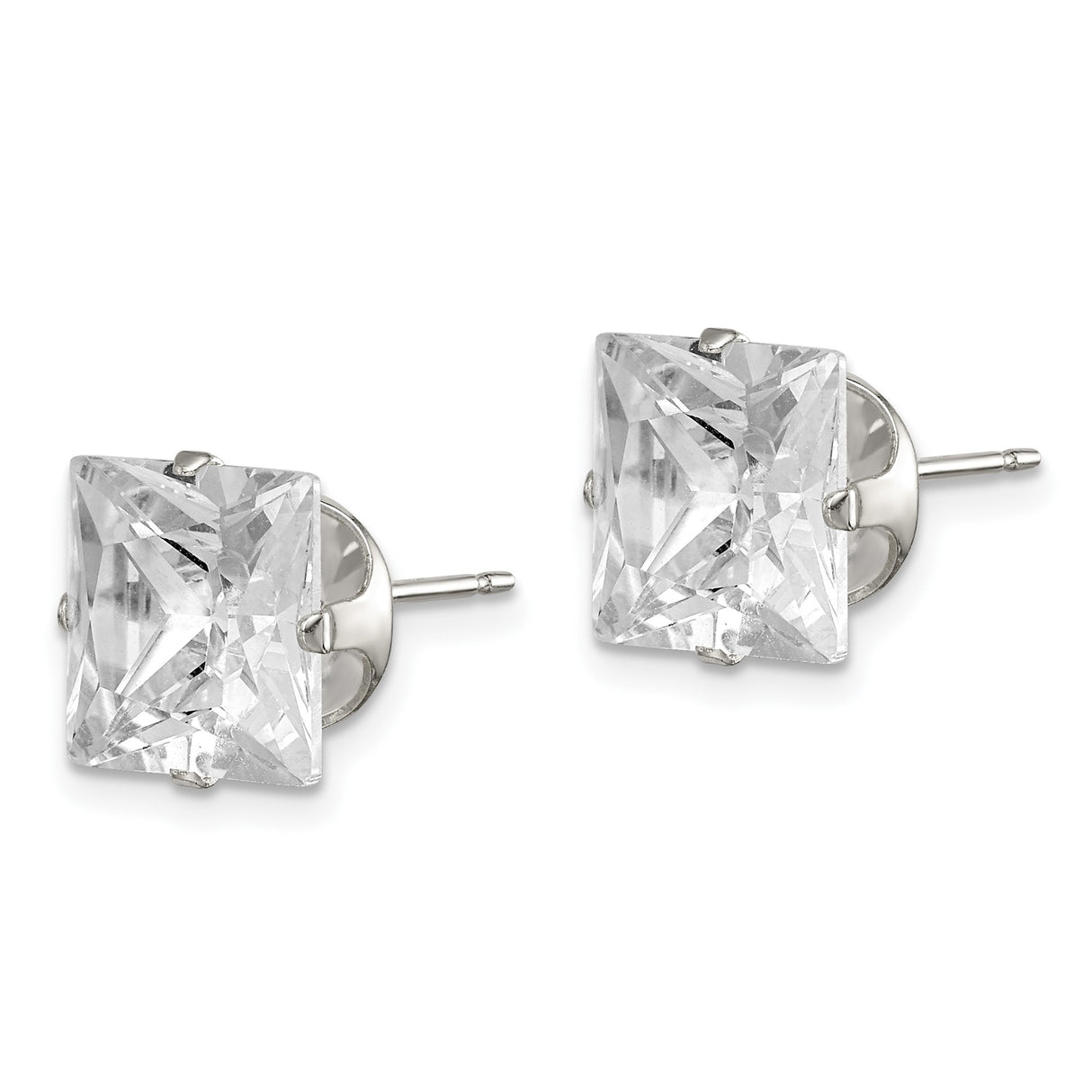 Sterling Silver Stud Earrings with Princess Cut Cubic Zirconia, Square Minimalist Design for Women