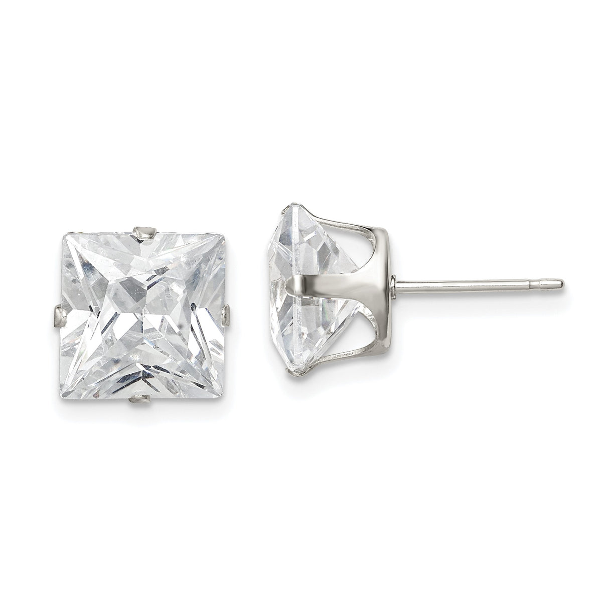 Sterling Silver Stud Earrings with Princess Cut Cubic Zirconia, Square Minimalist Design for Women