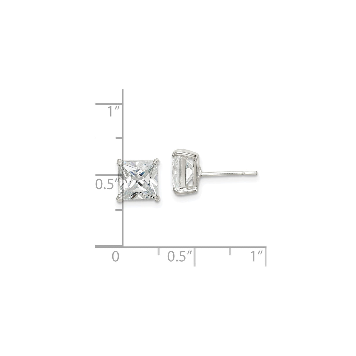 Sterling Silver Princess Cut Stud Earrings with Clear Cubic Zirconia, Square Four Prong Setting