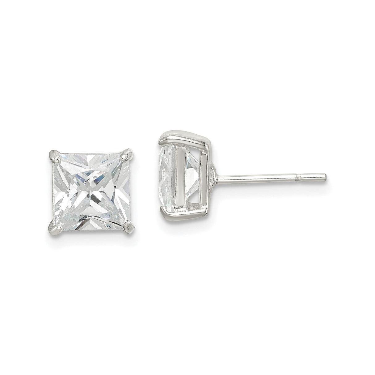 Sterling Silver Princess Cut Stud Earrings with Clear Cubic Zirconia, Square Four Prong Setting