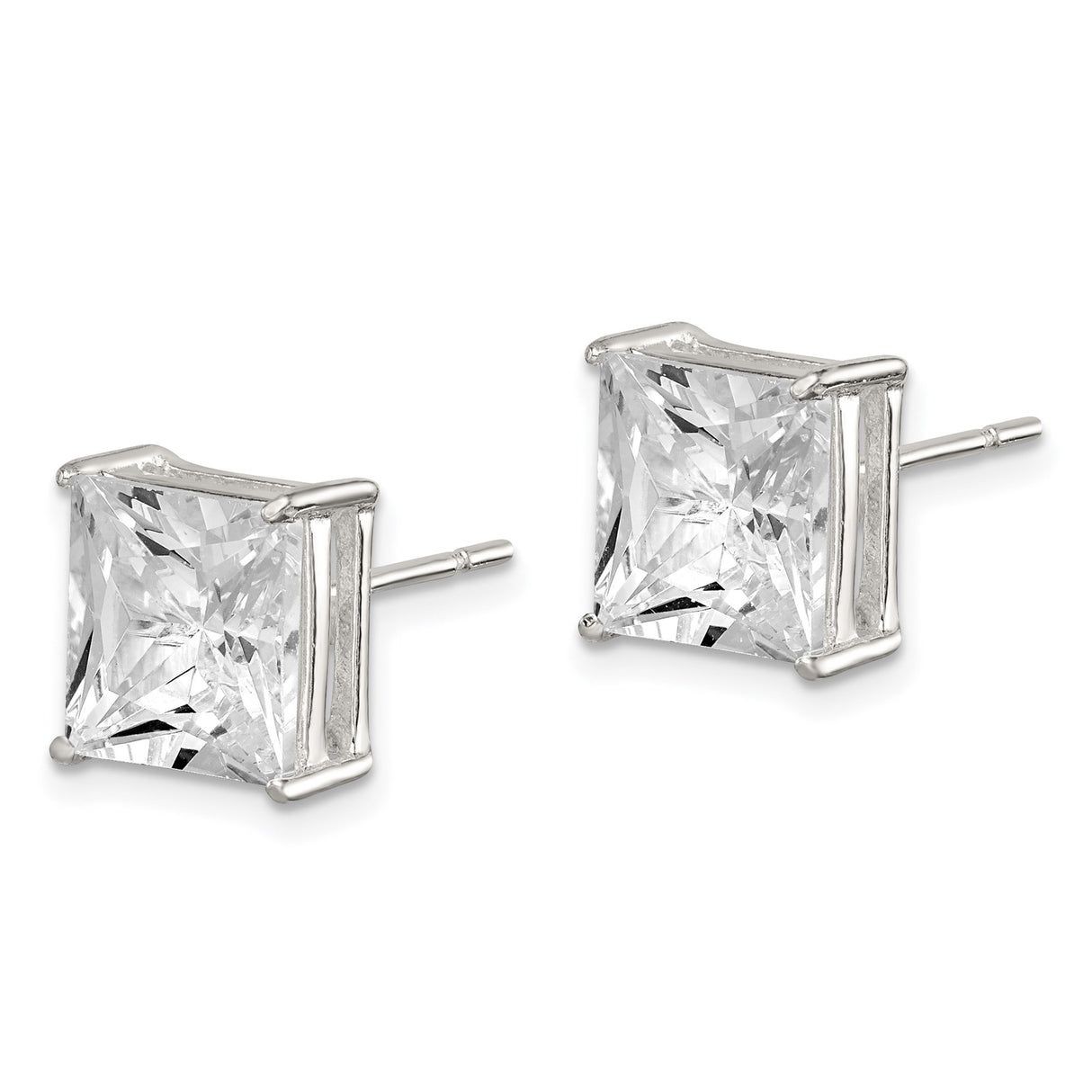 Sterling Silver Stud Earrings with Princess Cut Cubic Zirconia, Classic Square Solitaire Design