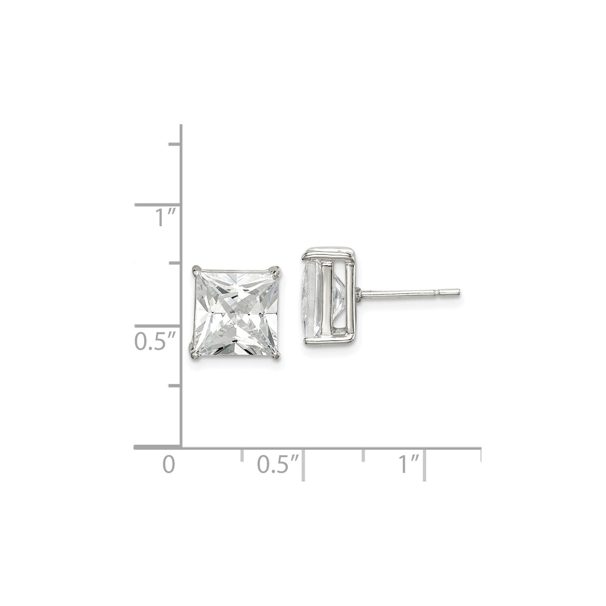 Sterling Silver Stud Earrings with Princess Cut Cubic Zirconia, Classic Square Solitaire Design