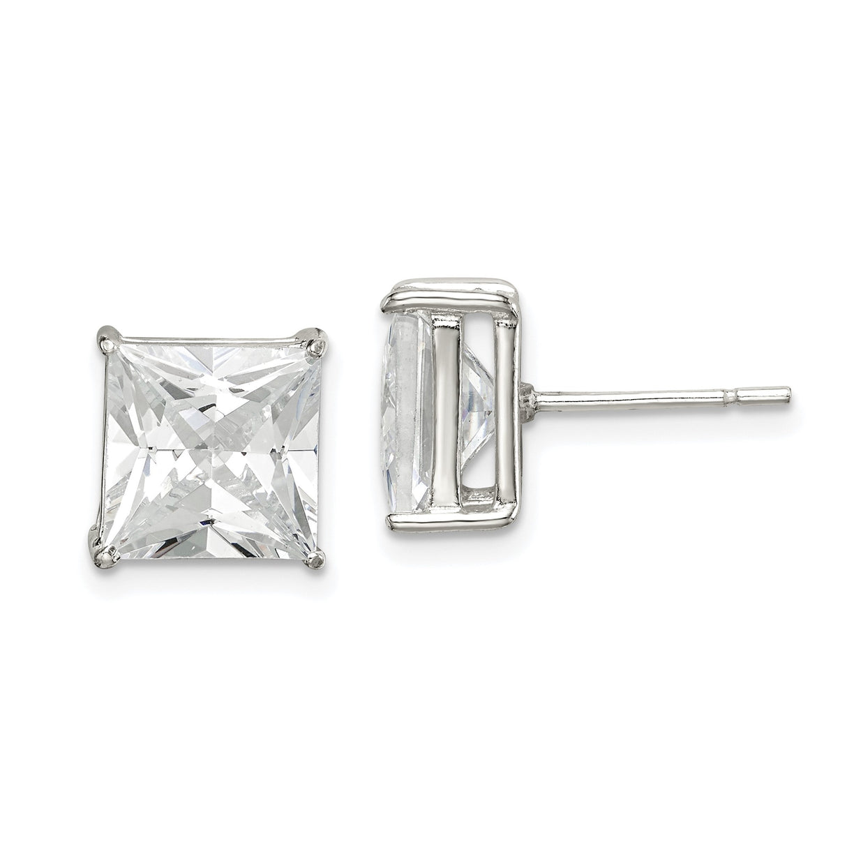 Sterling Silver Stud Earrings with Princess Cut Cubic Zirconia, Classic Square Solitaire Design