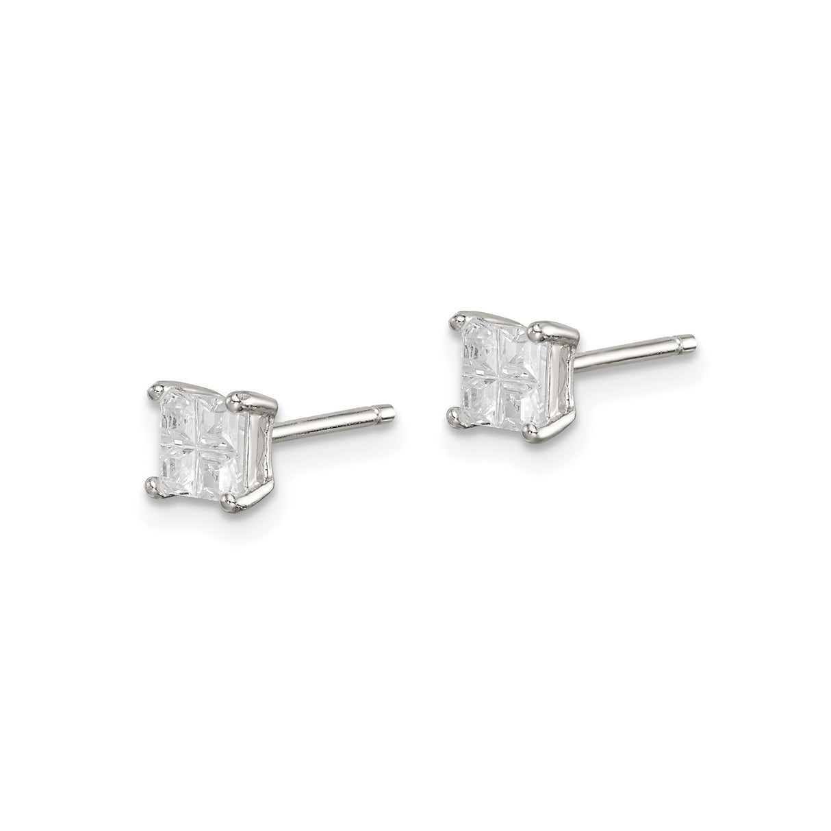 Sterling Silver Stud Earrings with Square Princess Cut Cubic Zirconia, Minimalist Basket Setting
