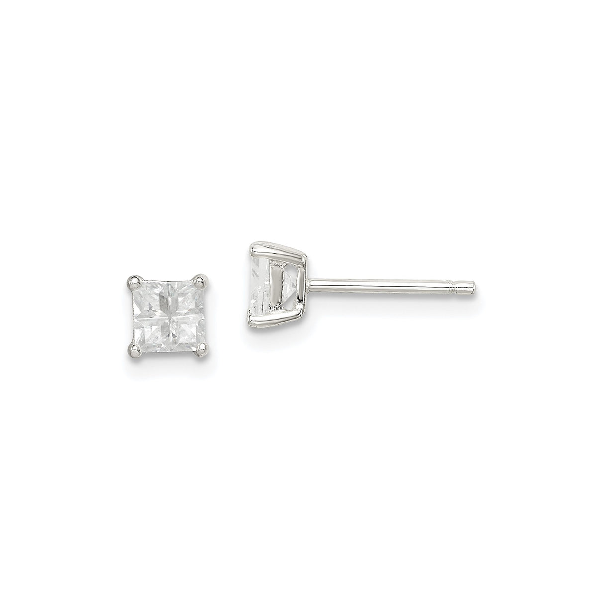 Sterling Silver Stud Earrings with Square Princess Cut Cubic Zirconia, Minimalist Basket Setting