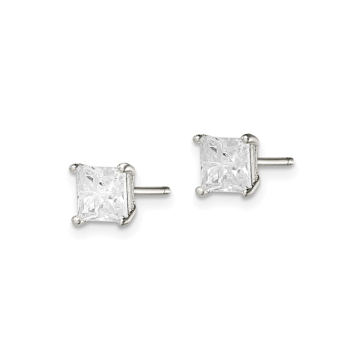 Sterling Silver Stud Earrings with Square Cut Cubic Zirconia in Four Prong Setting