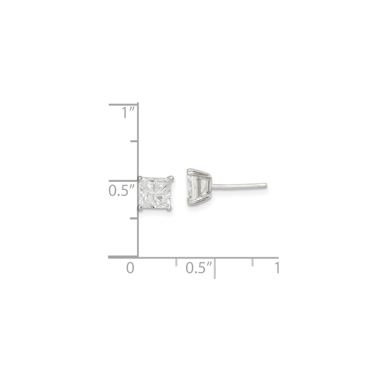 Sterling Silver Stud Earrings with Square Cut Cubic Zirconia in Four Prong Setting