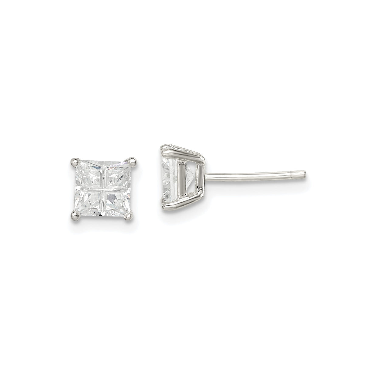 Sterling Silver Stud Earrings with Square Cut Cubic Zirconia in Four Prong Setting
