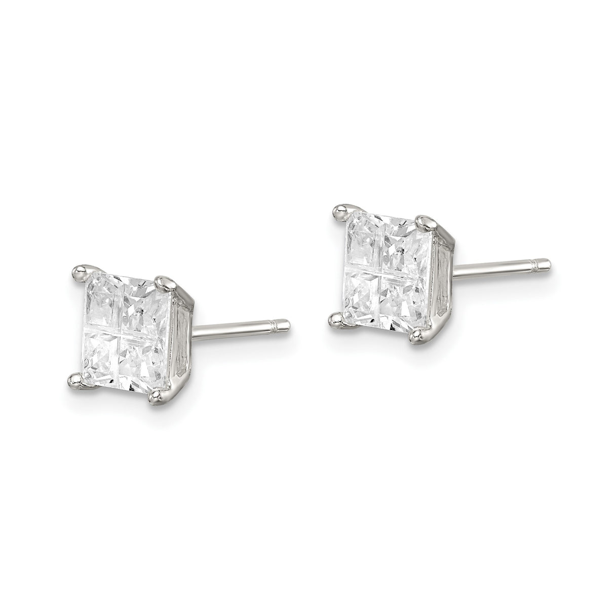 Sterling Silver Square Stud Earrings with Princess Cut Cubic Zirconia, Minimalist Design