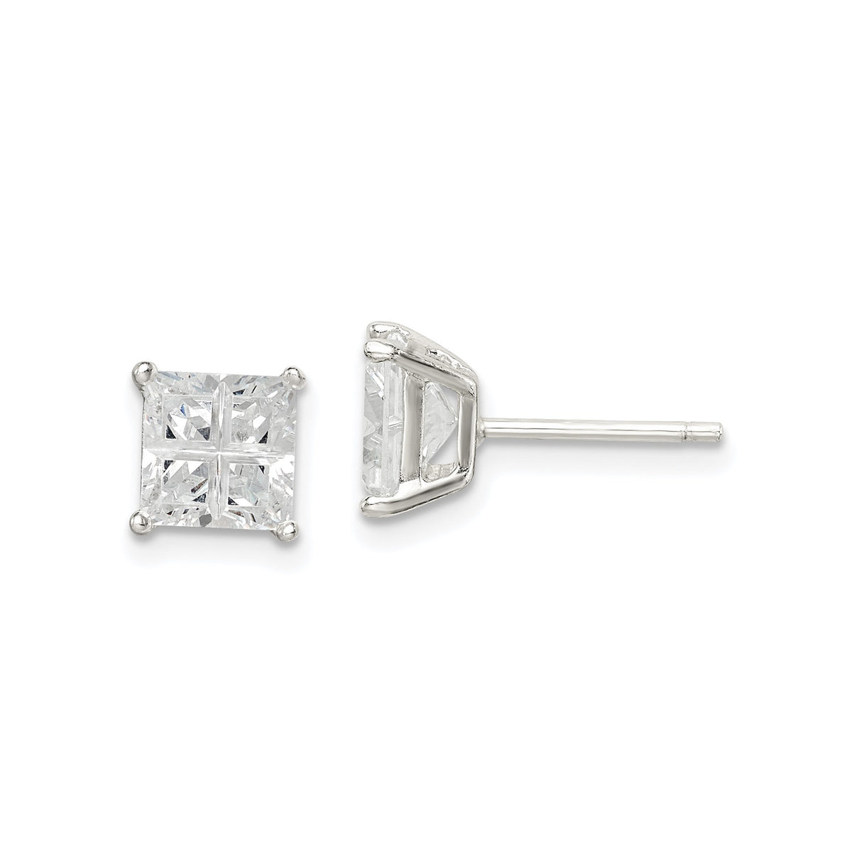 Sterling Silver Square Stud Earrings with Princess Cut Cubic Zirconia, Minimalist Design