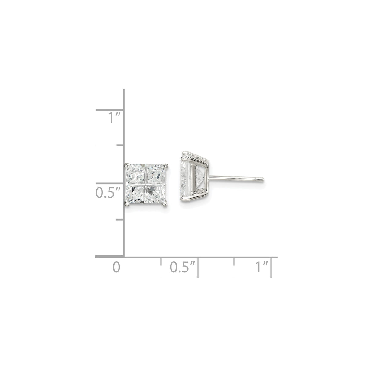 Sterling Silver Princess Cut Stud Earrings with Square Cubic Zirconia, Four Prong Basket Setting