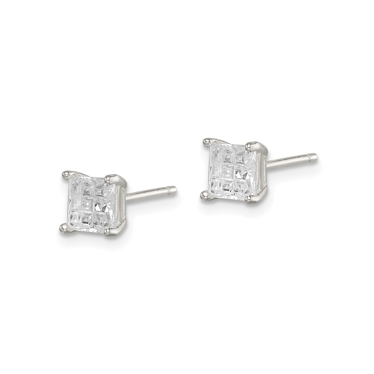 Sterling Silver Princess Cut Stud Earrings with Clear Cubic Zirconia, Square Basket Setting