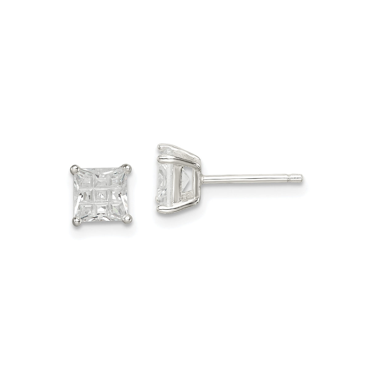 Sterling Silver Princess Cut Stud Earrings with Clear Cubic Zirconia, Square Basket Setting