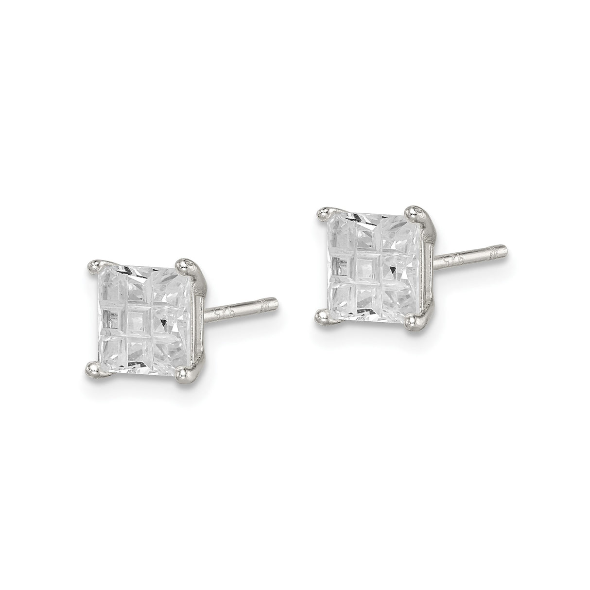 Sterling Silver Stud Earrings with Princess Cut Cubic Zirconia, Grid Basket Setting