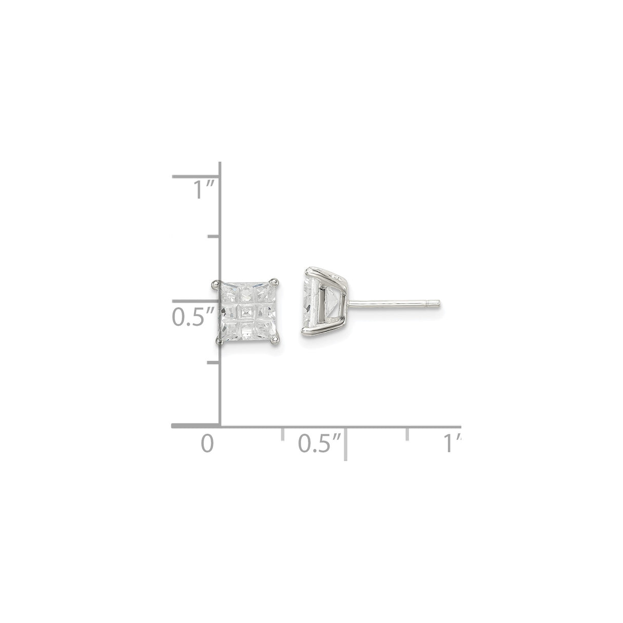 Sterling Silver Stud Earrings with Princess Cut Cubic Zirconia, Grid Basket Setting