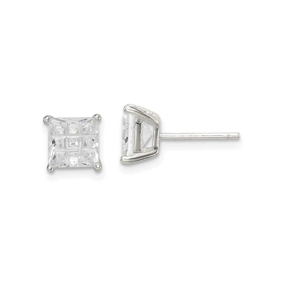 Sterling Silver Stud Earrings with Princess Cut Cubic Zirconia, Grid Basket Setting