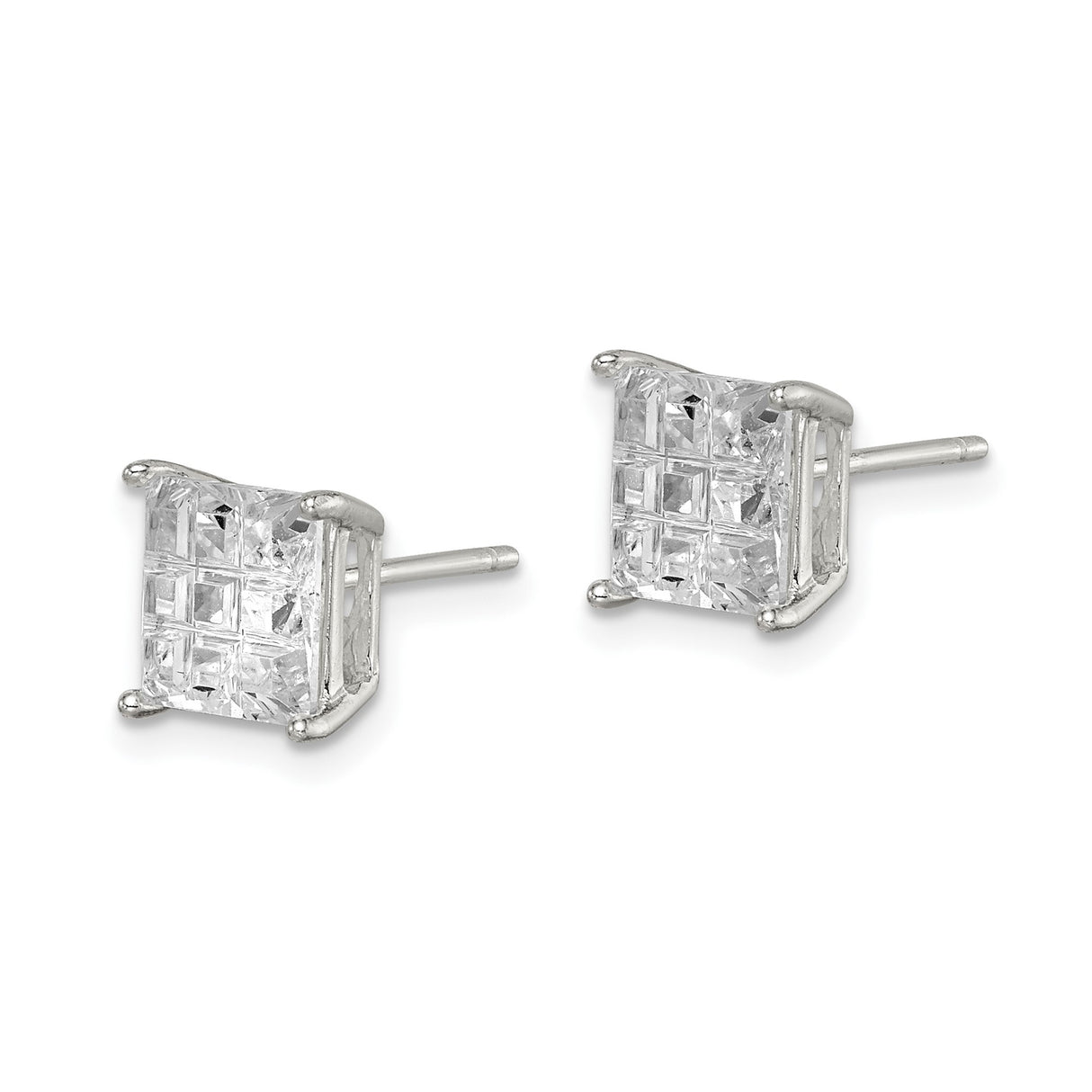 Sterling Silver Stud Earrings with Square Princess Cut Cubic Zirconia, Basket Set Grid Design