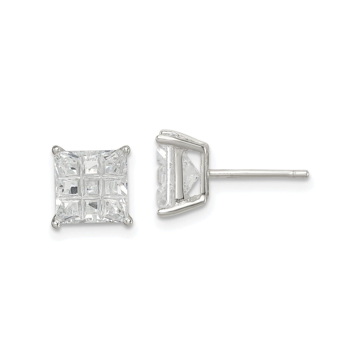 Sterling Silver Stud Earrings with Square Princess Cut Cubic Zirconia, Basket Set Grid Design