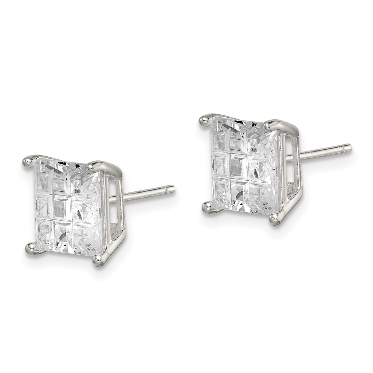 Sterling Silver Square Stud Earrings with Cubic Zirconia, 8mm Princess Cut Geometric Design