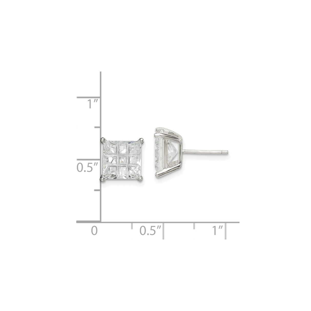 Sterling Silver Square Stud Earrings with Cubic Zirconia, 8mm Princess Cut Geometric Design