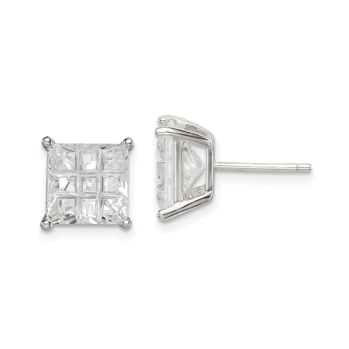 Sterling Silver Square Stud Earrings with Cubic Zirconia, 8mm Princess Cut Geometric Design