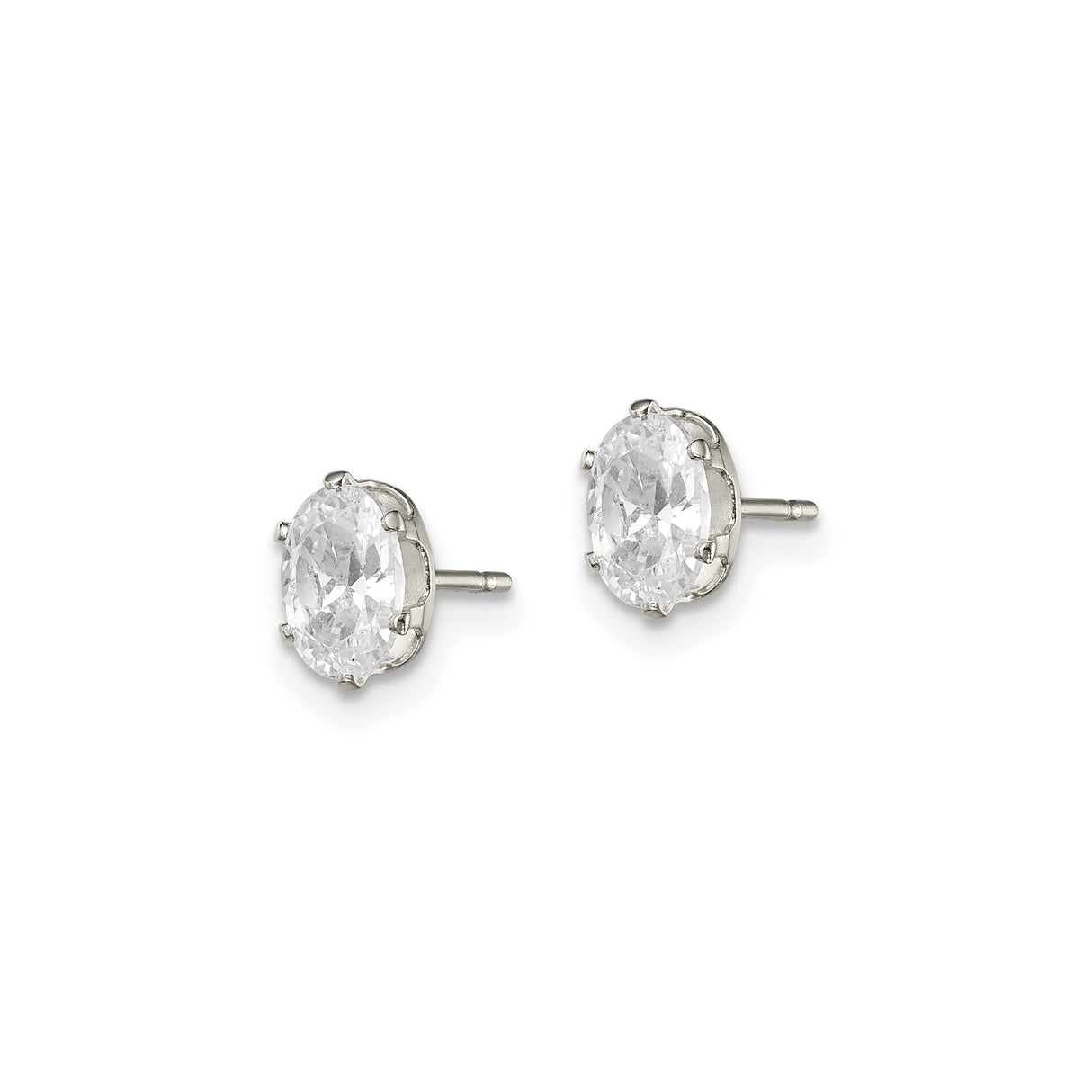 Sterling Silver Oval Stud Earrings with Clear Cubic Zirconia Solitaire Prong Setting