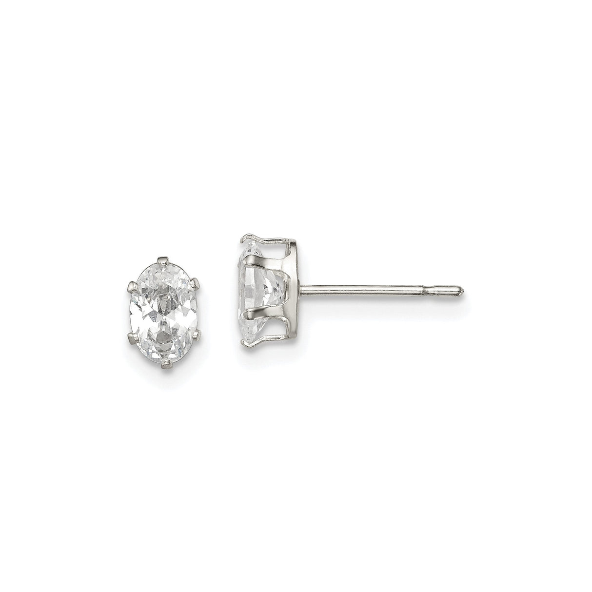 Sterling Silver Oval Stud Earrings with Clear Cubic Zirconia Solitaire Prong Setting