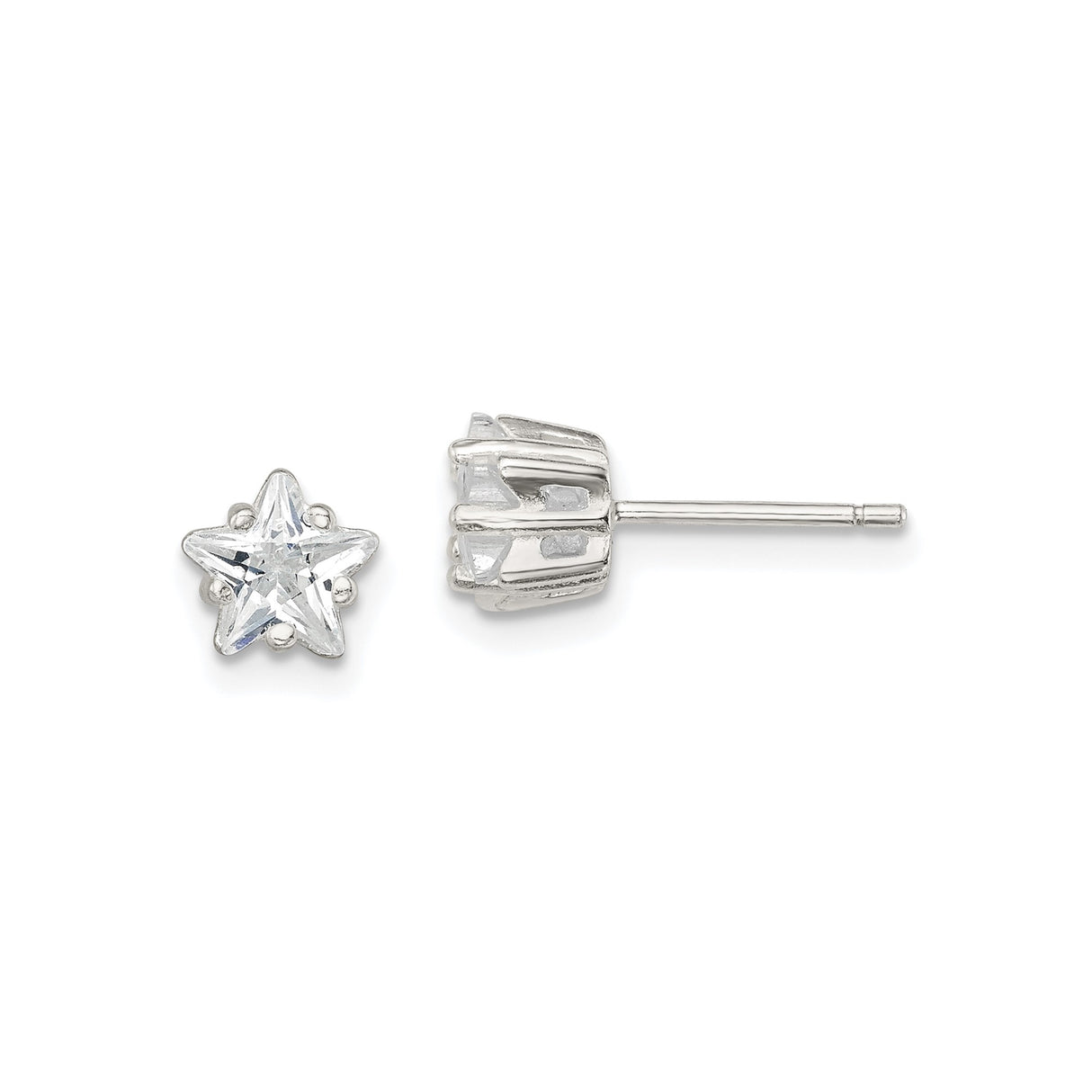 Sterling Silver Star Stud Earrings with Cubic Zirconia Center, Five Pointed Celestial Design