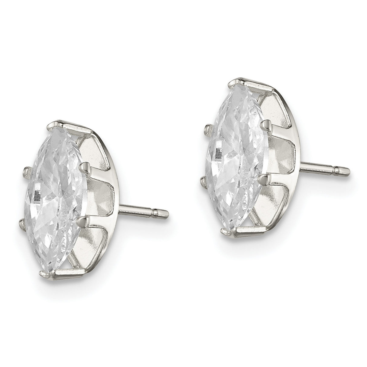 Sterling Silver Marquise Cut Cubic Zirconia Stud Earrings, Four Prong, Minimalist Style