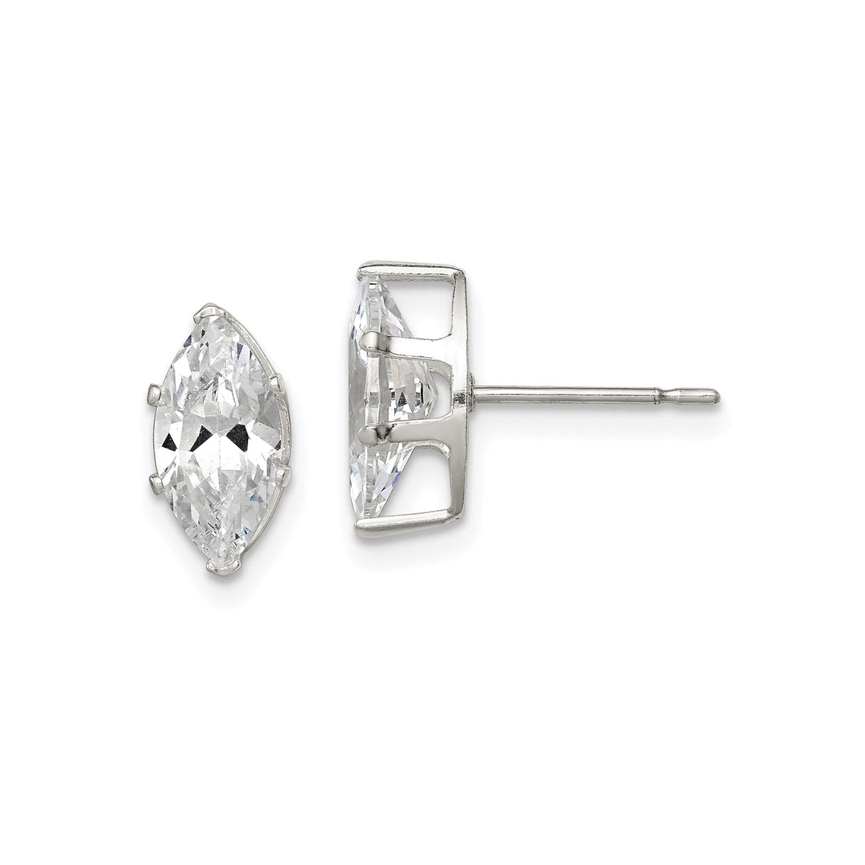 Sterling Silver Marquise Cut Cubic Zirconia Stud Earrings, Four Prong, Minimalist Style