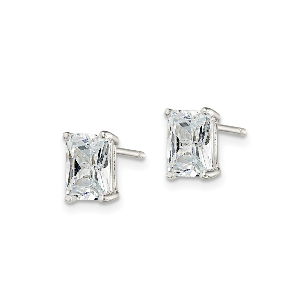 Sterling Silver Stud Earrings with Rectangular Cut Cubic Zirconia, Basket Setting