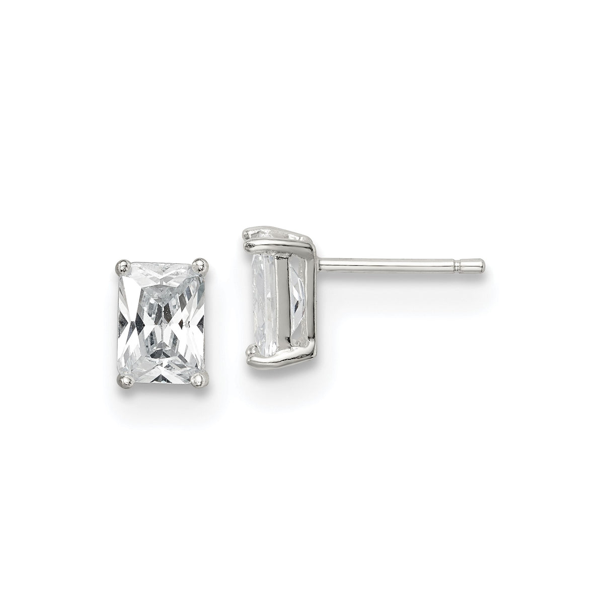 Sterling Silver Stud Earrings with Rectangular Cut Cubic Zirconia, Basket Setting