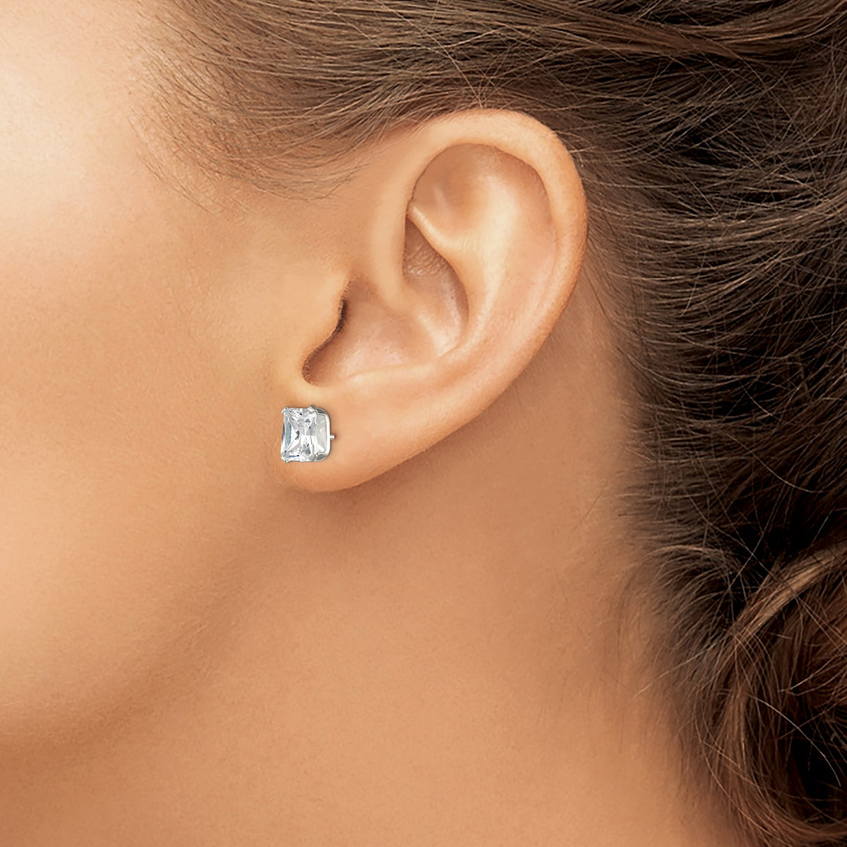 Sterling Silver Stud Earrings with Emerald Cut Cubic Zirconia, Rectangle Basket Set