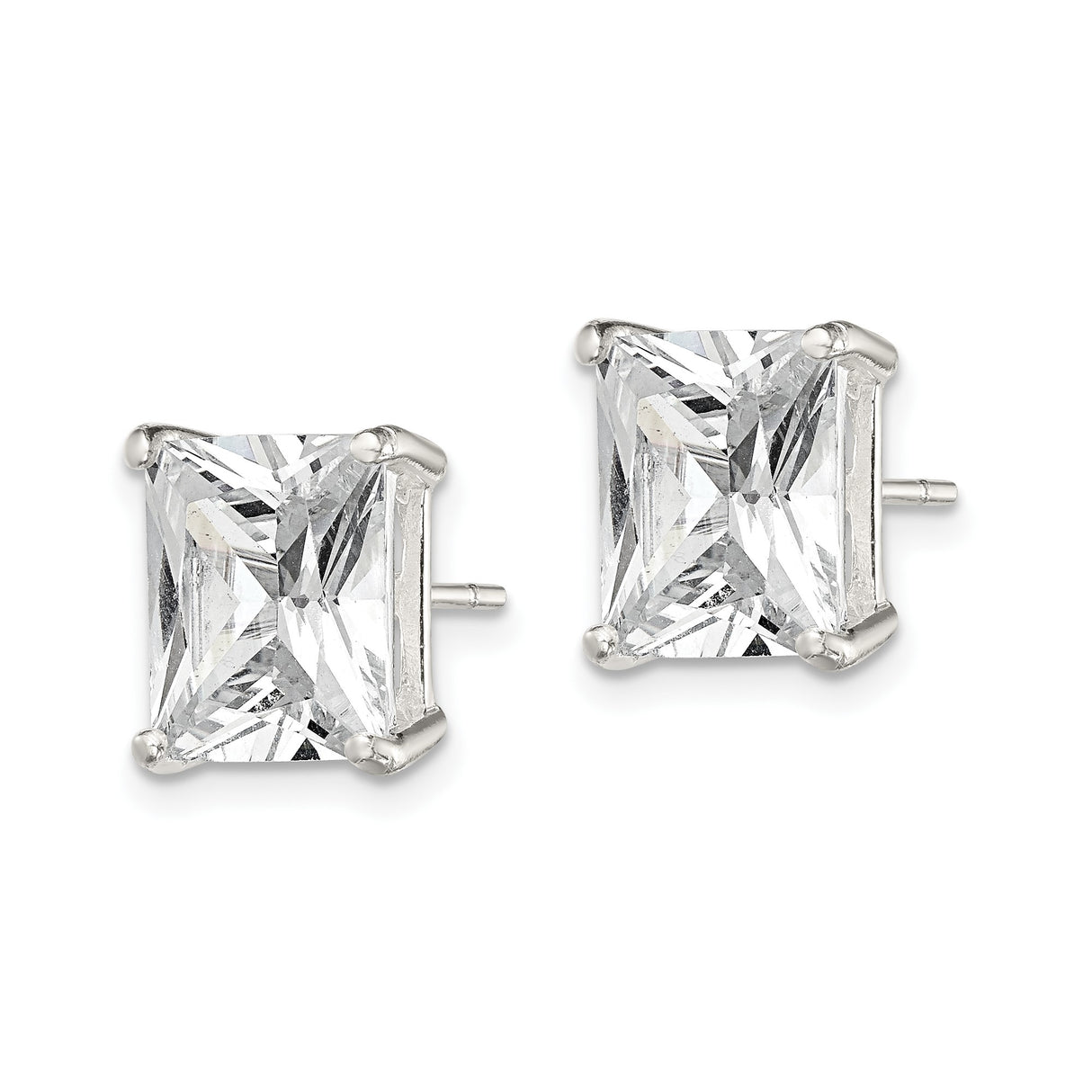 Sterling Silver Stud Earrings with Princess Cut Cubic Zirconia, Rectangular Basket Setting