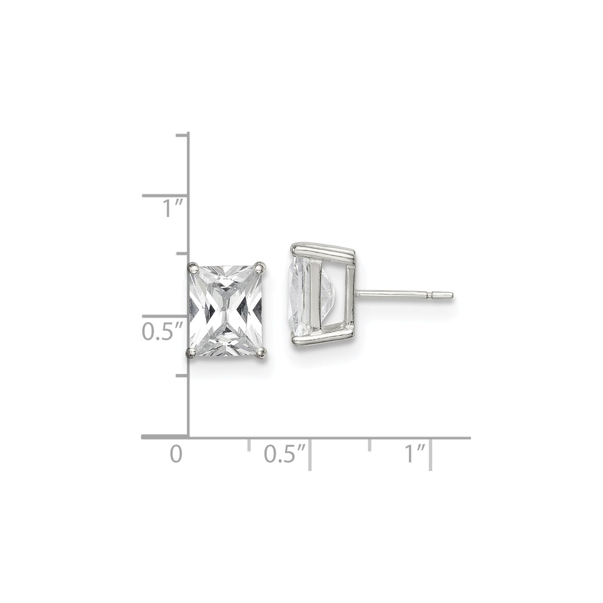 Sterling Silver Stud Earrings with Princess Cut Cubic Zirconia, Rectangular Basket Setting