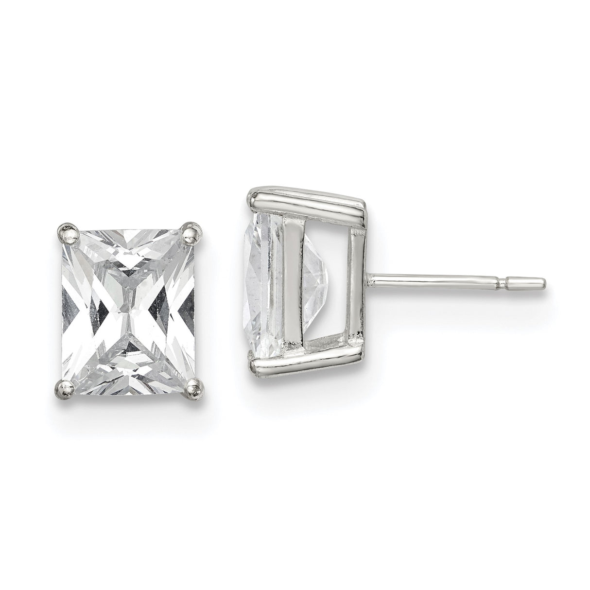 Sterling Silver Stud Earrings with Princess Cut Cubic Zirconia, Rectangular Basket Setting