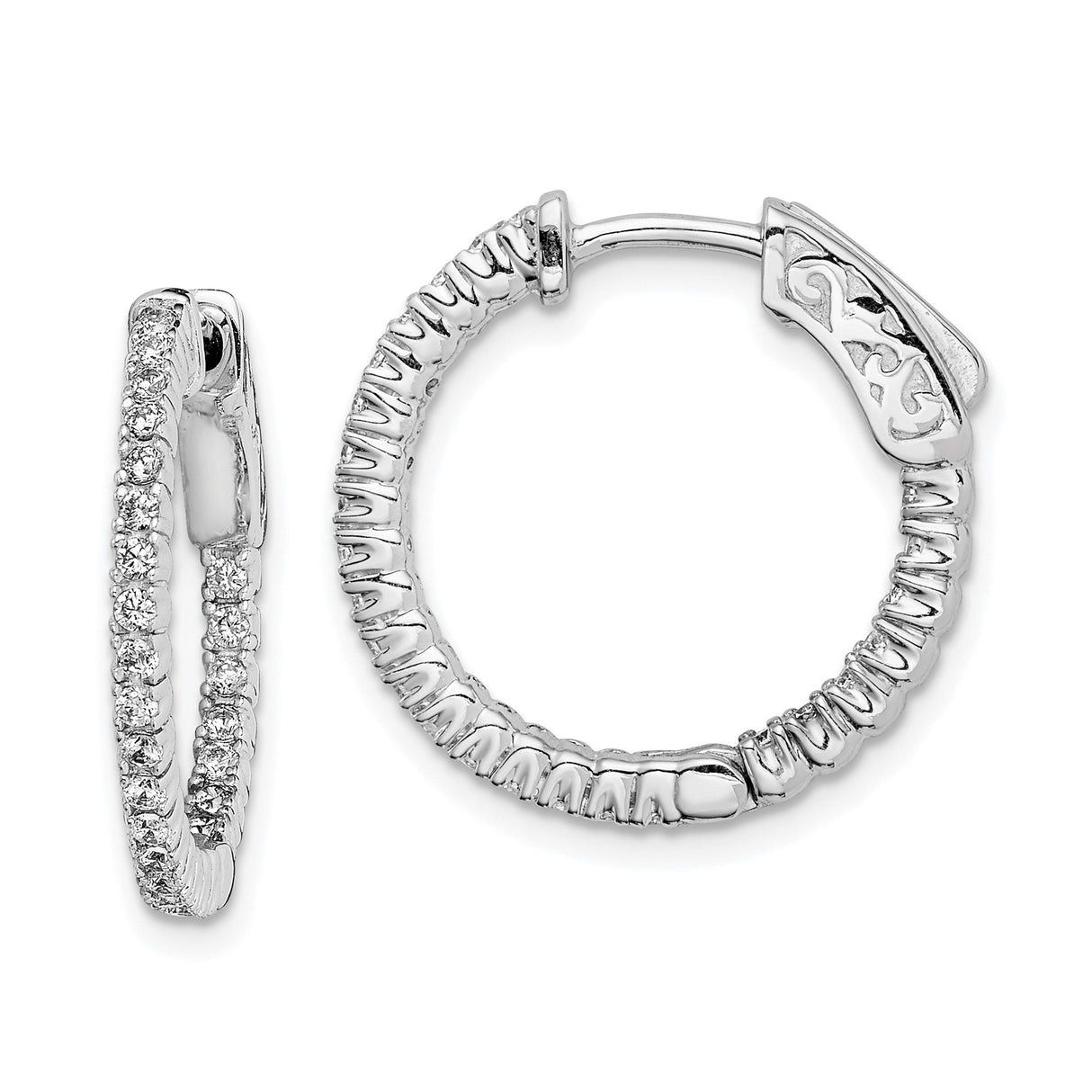 Sterling Silver Hoop Earrings with Cubic Zirconia, Ribbed Texture Oval Hoops with Scroll Latch Back
