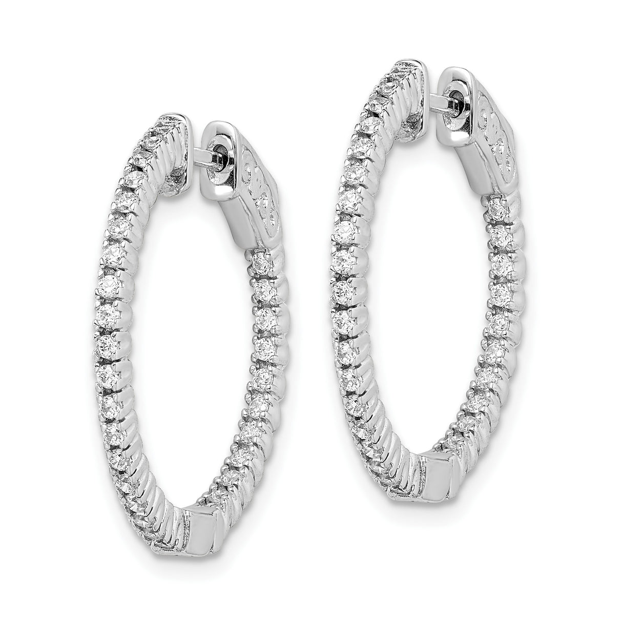 Sterling Silver Hoop Earrings with Double Row Cubic Zirconia, Clasp Closure, Timeless Round Design