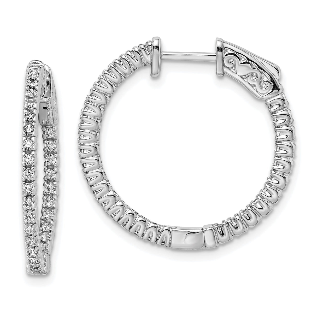Sterling Silver Hoop Earrings with Double Row Cubic Zirconia, Clasp Closure, Timeless Round Design