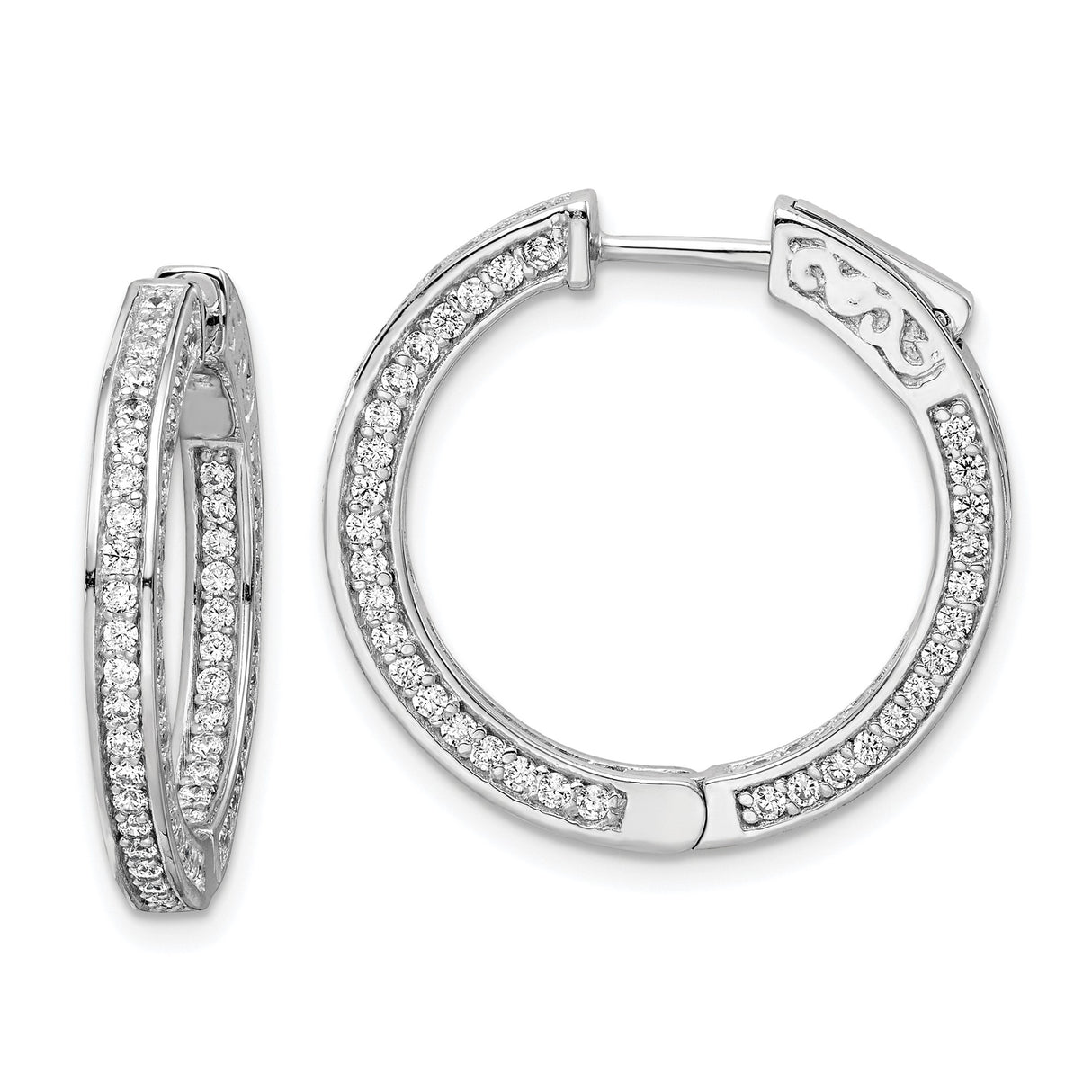 Sterling Silver Hoop Earrings with Double Row Cubic Zirconia, Channel Set Round Design