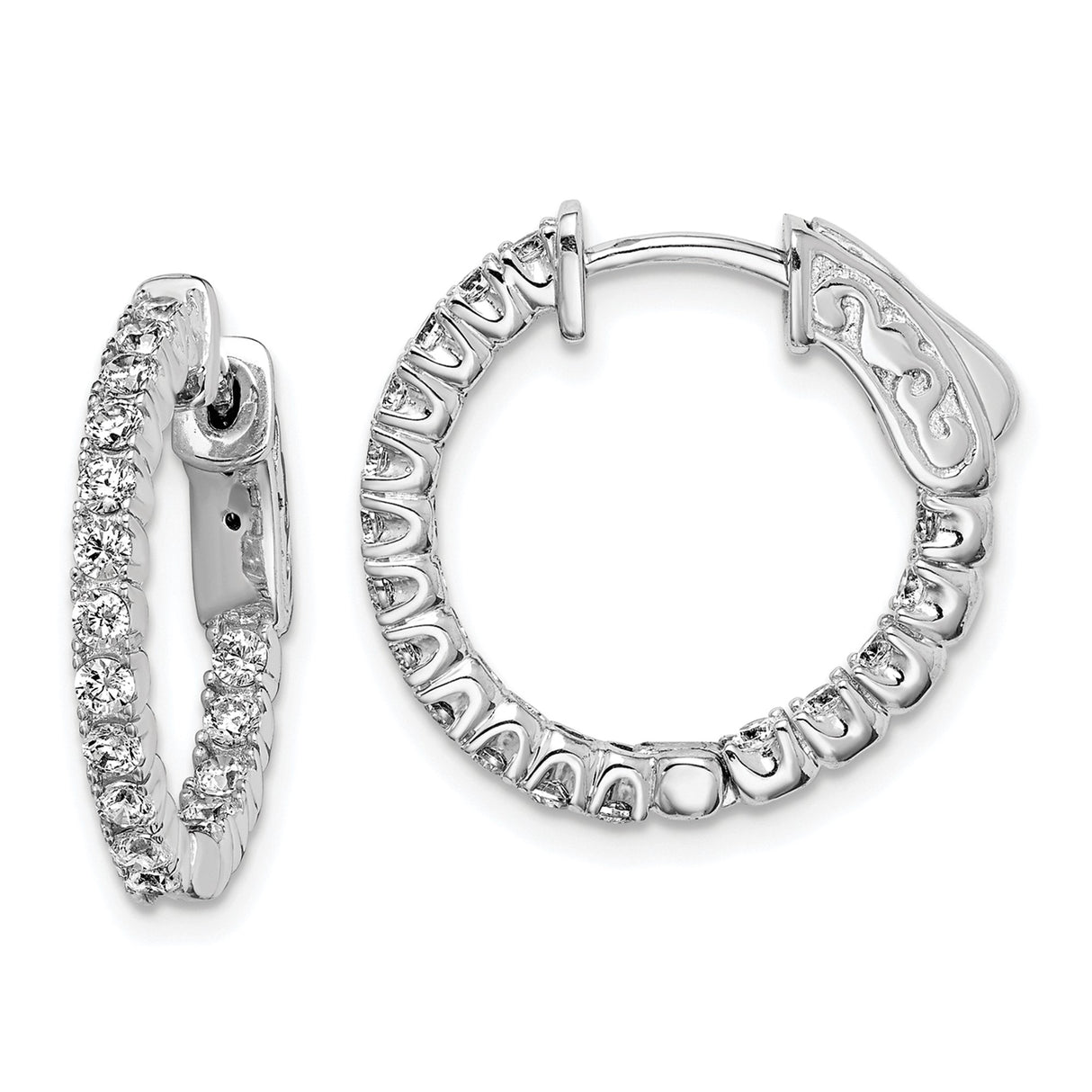 Sterling Silver Hoop Earrings with Cubic Zirconia and Scroll Design Back